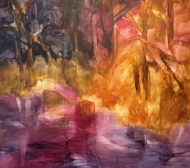 färgrik målning av strandkant vid sjö